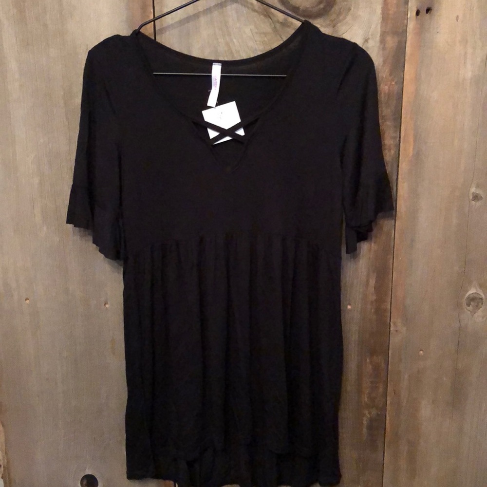 Watermelon Black Criss Cross Front Babydoll Tunic Top Small